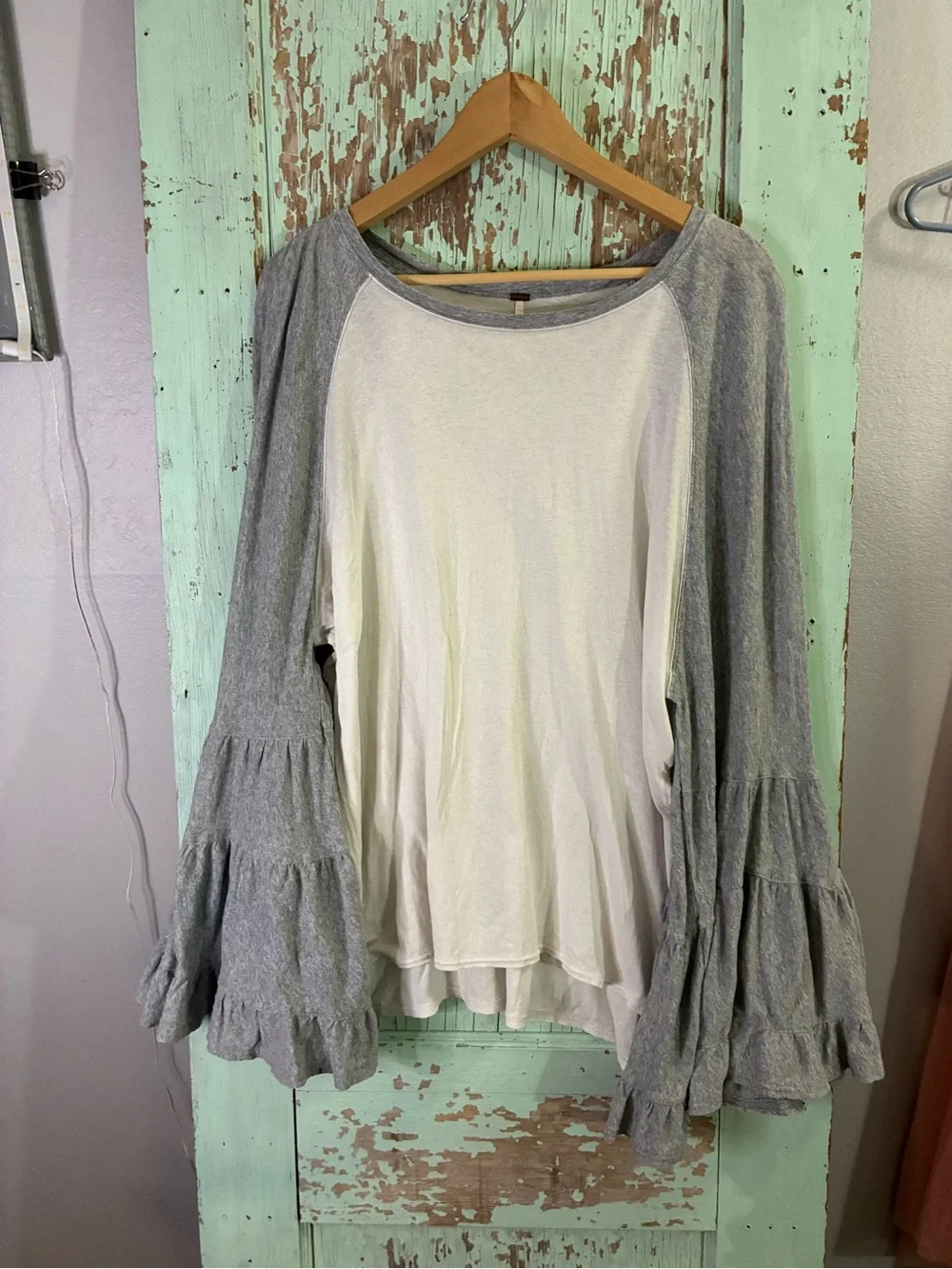 Free People Cream Top with Gray fluttered  Ruffle Sleeves